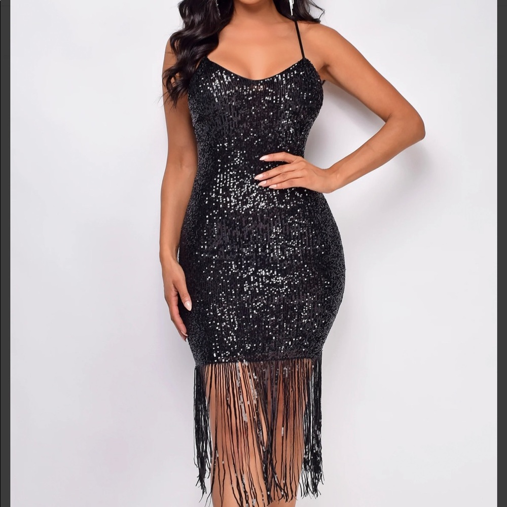 EMPRADA BLACK SEQUN FRINGE DRESS SIZE SMALL